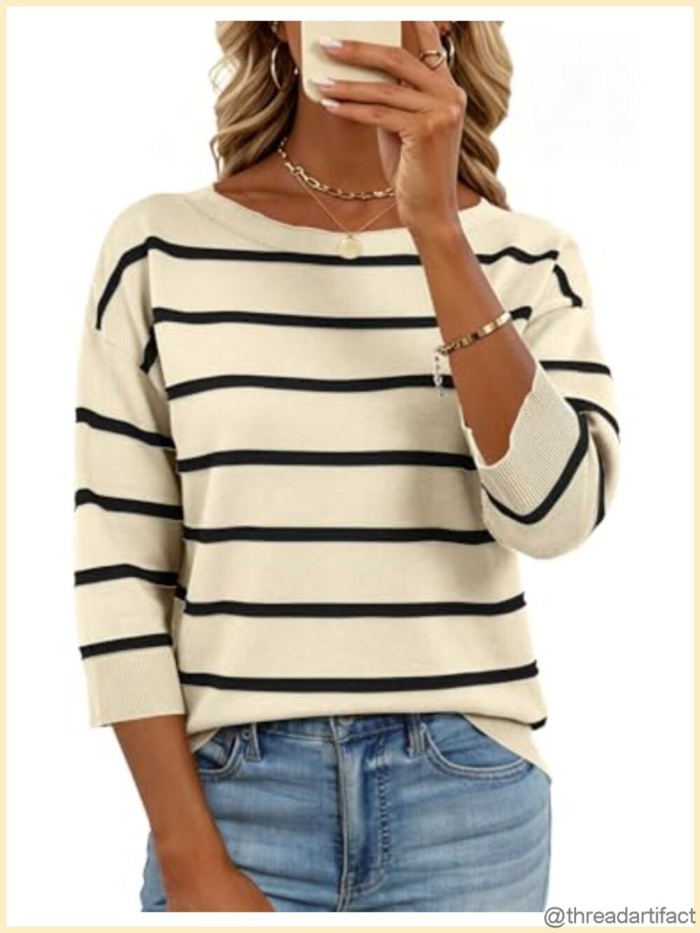Womens Sweater Boat Neck 3/4 Sleeve Lightweight Knit Pullover Casual Top